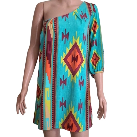 DEJAVU  Women's Mini Dress Green abstract Print 1‎ Shoulder Size S Small - Picture 6 of 13